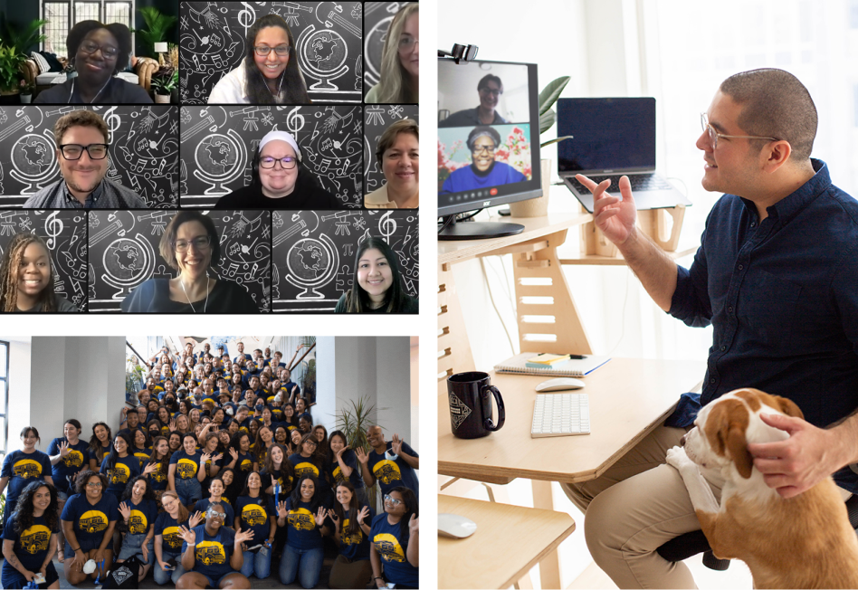 Three photos arranged in a grid showing DonorsChoose staff on a video call, in a large in-person group, and working form home with their delightful doggo